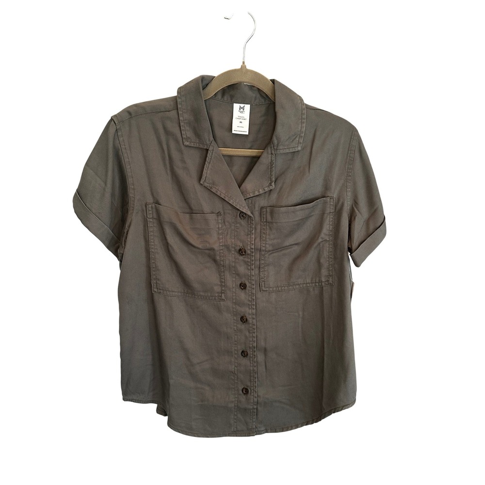 Members Mark Tencel Camp Shirt Womens XS Olive Green Short Sleeve Button‎ Up New
